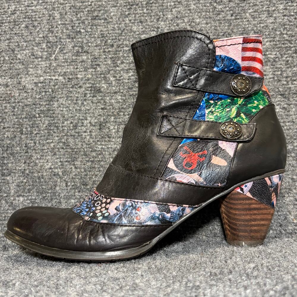L'Artiste Black Leather Floral Patchwork Block Heel Ankle Boots Size 8.5 EU 39